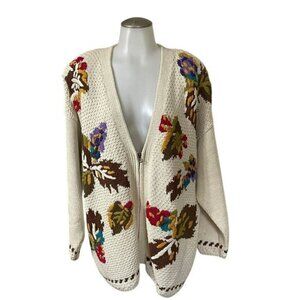 Vintage SK Wear Floral Knit Cardigan Sweater 2X Beige With Zipper